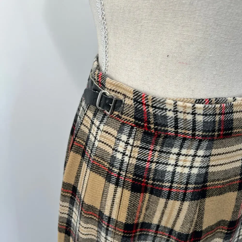 Vintage Plaid Tartan Irish Wool Midi Pleated Wrap Skirt Tan